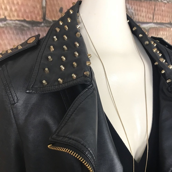 Lapis Jackets & Blazers - Black & Gold Studded Moto Jacket SZ M